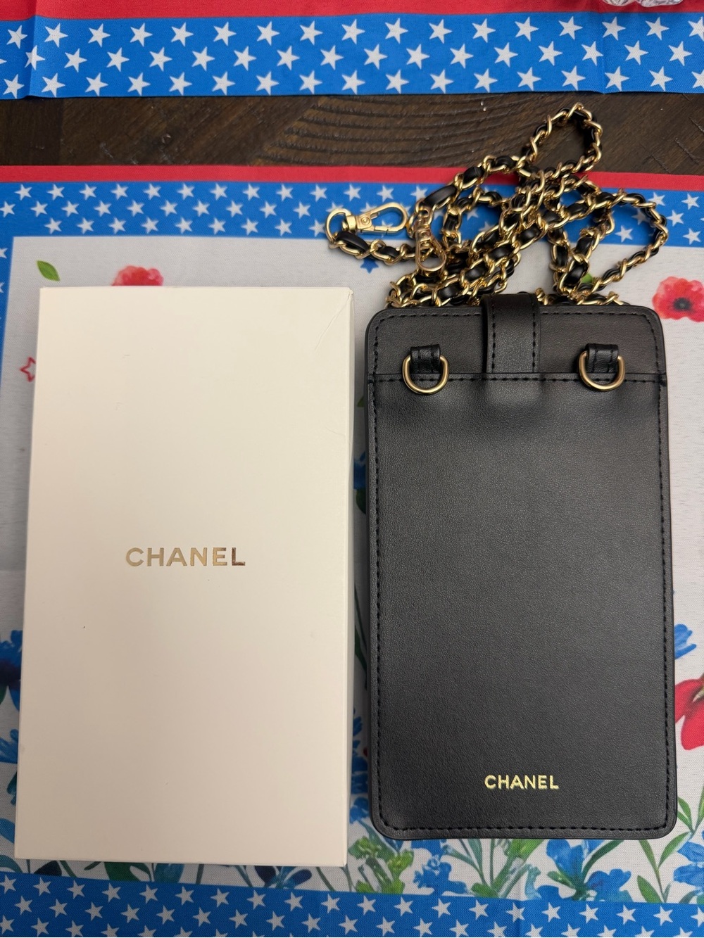 CHANEL Black Leather Chain Crossbody Phone Case with Gold Hardware